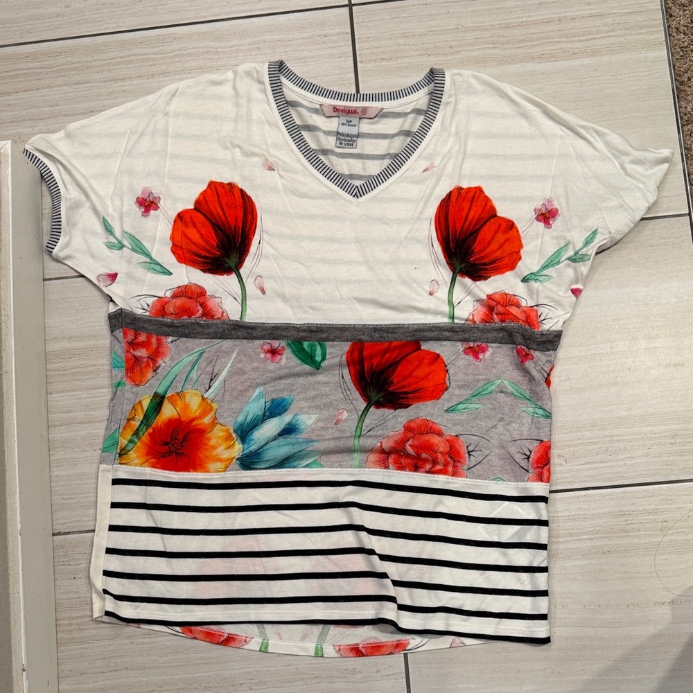 Desigual Striped Floral Top - Red, Blue, Gray, new without tag size M